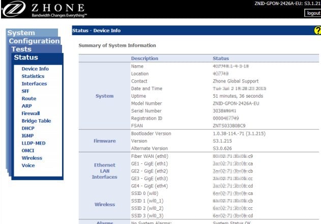 Painel de configuração do roteador ZHONE