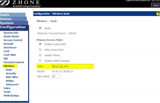 Tela de alteração do SSID e senha do ONT ZHONE