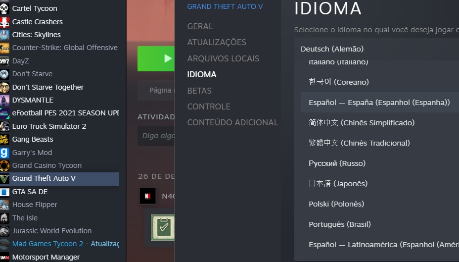 Mudar idioma do GTA na Steam Mudar idioma do GTA na Steam