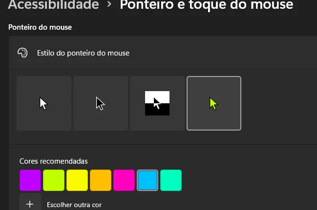 Cor do ponteiro do mouse Cor do ponteiro do mouse