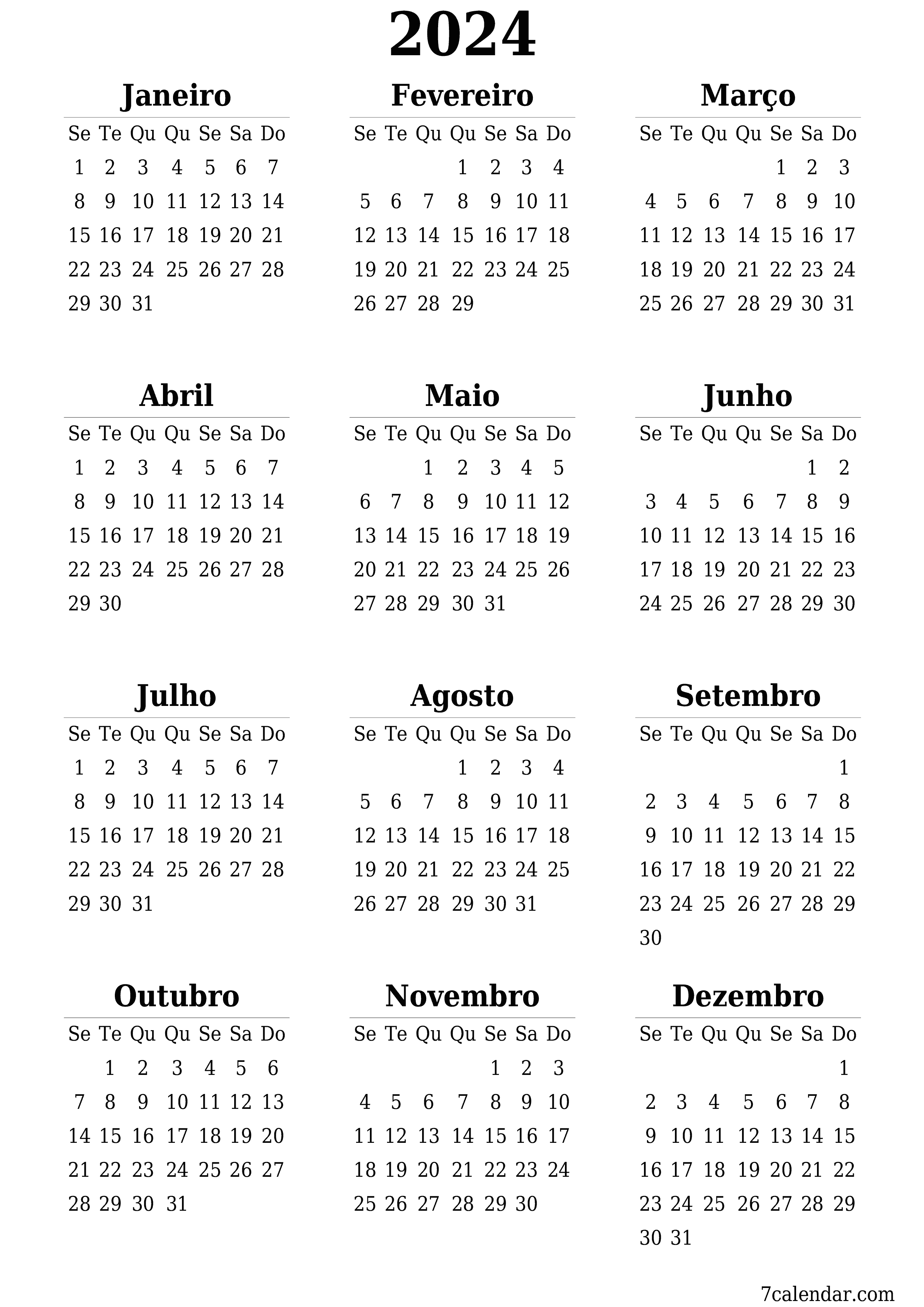 Calendário 2024 Branco para Impressão Calendário 2024 Branco para Impressão