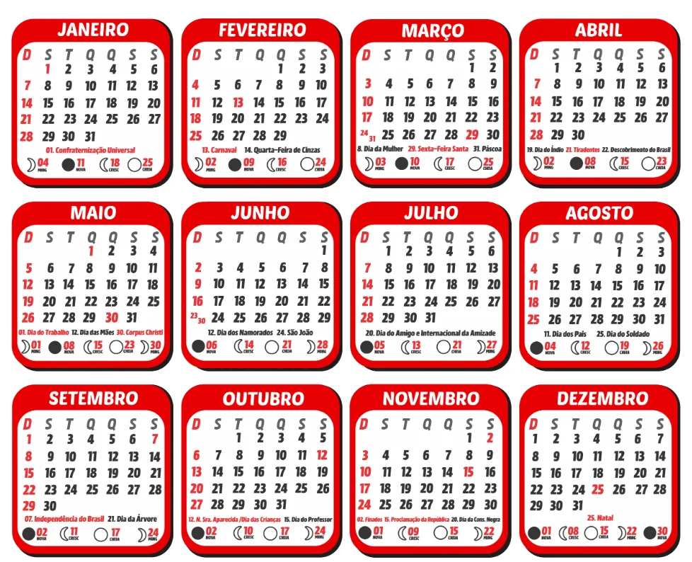 Calendário 2024 Vermelho para imprimir Calendário 2024 Vermelho para imprimir