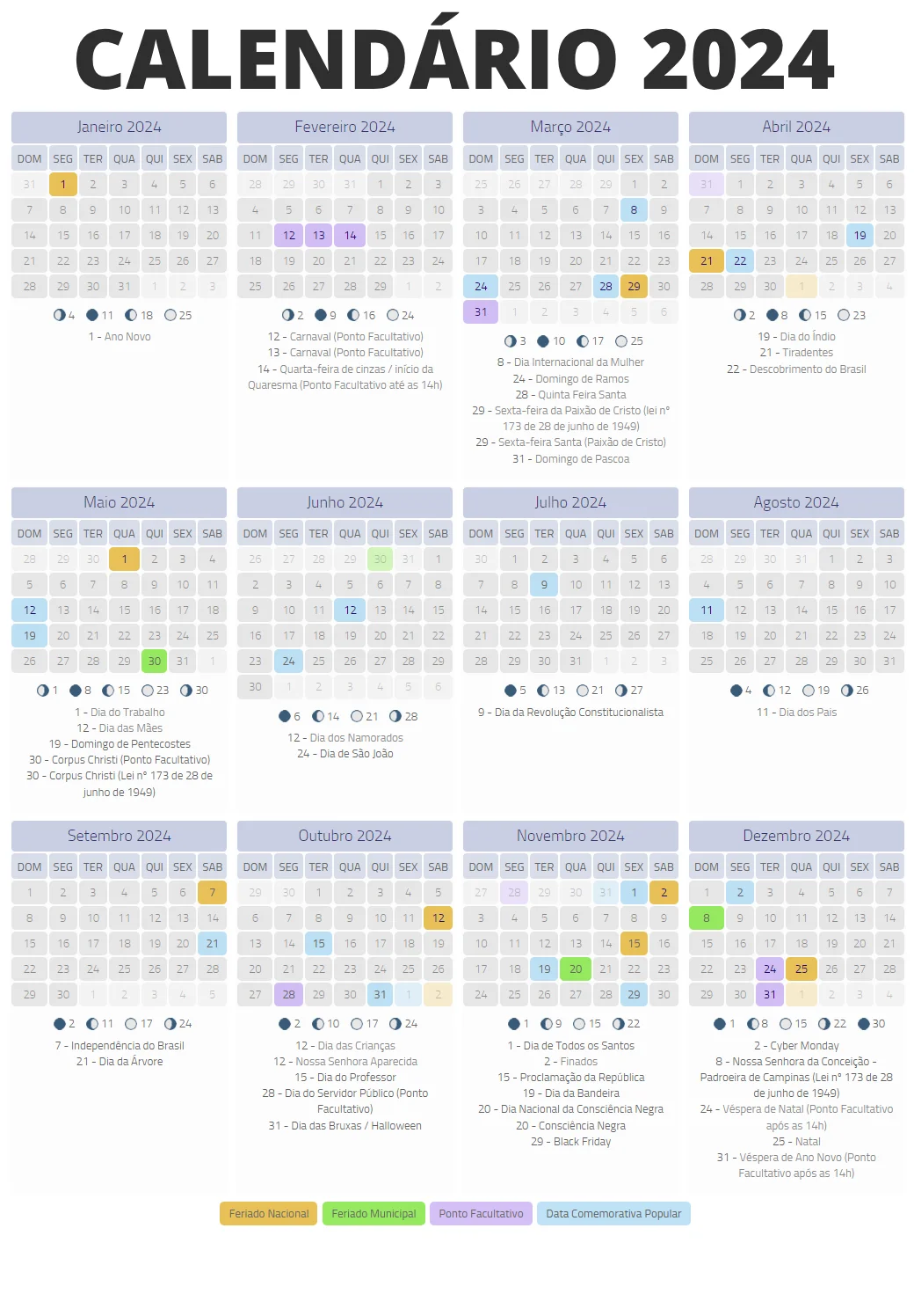 Calendário 2024 com feriados Calendário 2024 com feriados
