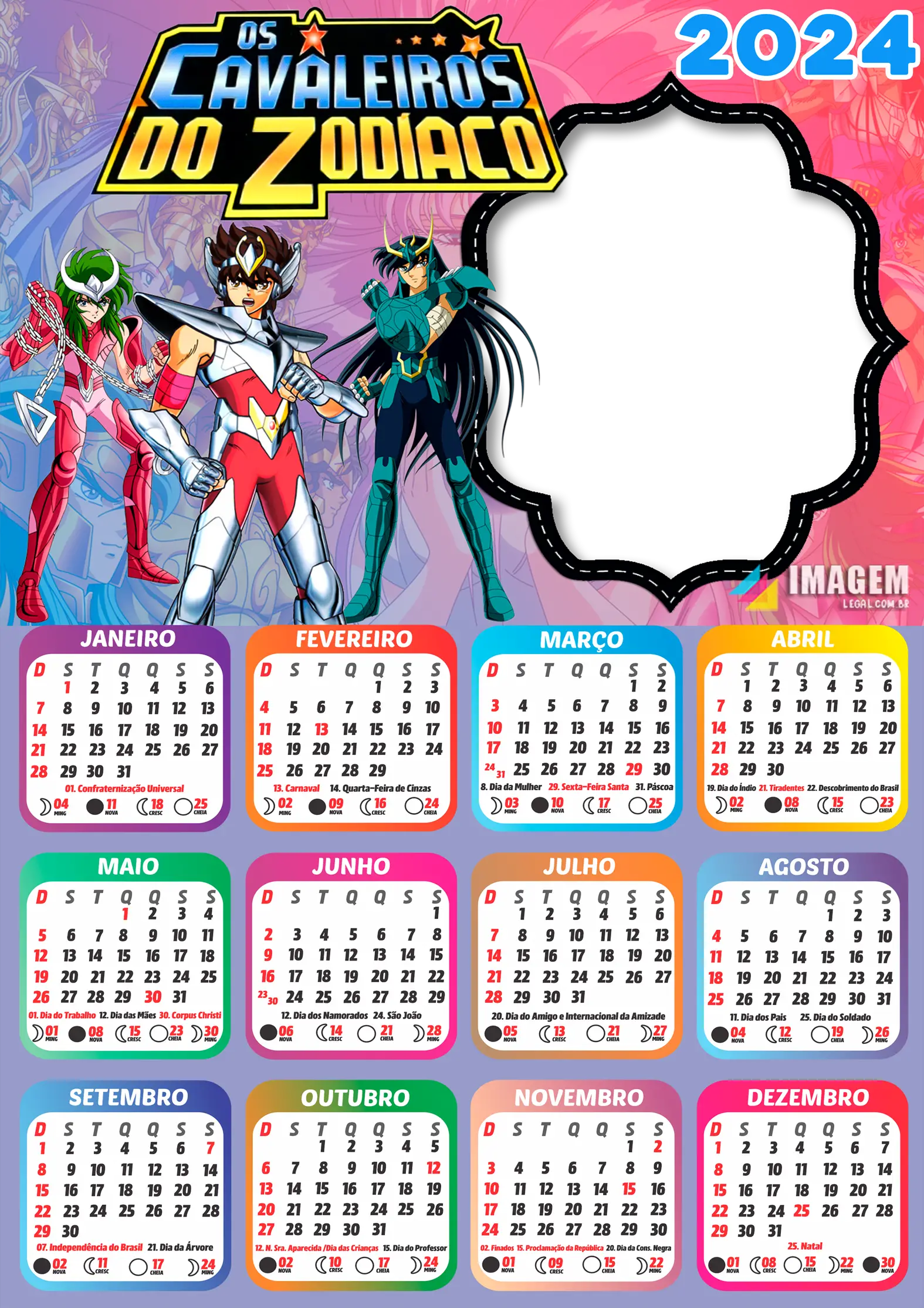 Moldura Calendario 2024 Os Cavaleiros do Zodiaco PNG Moldura Calendario 2024 Os Cavaleiros do Zodiaco PNG