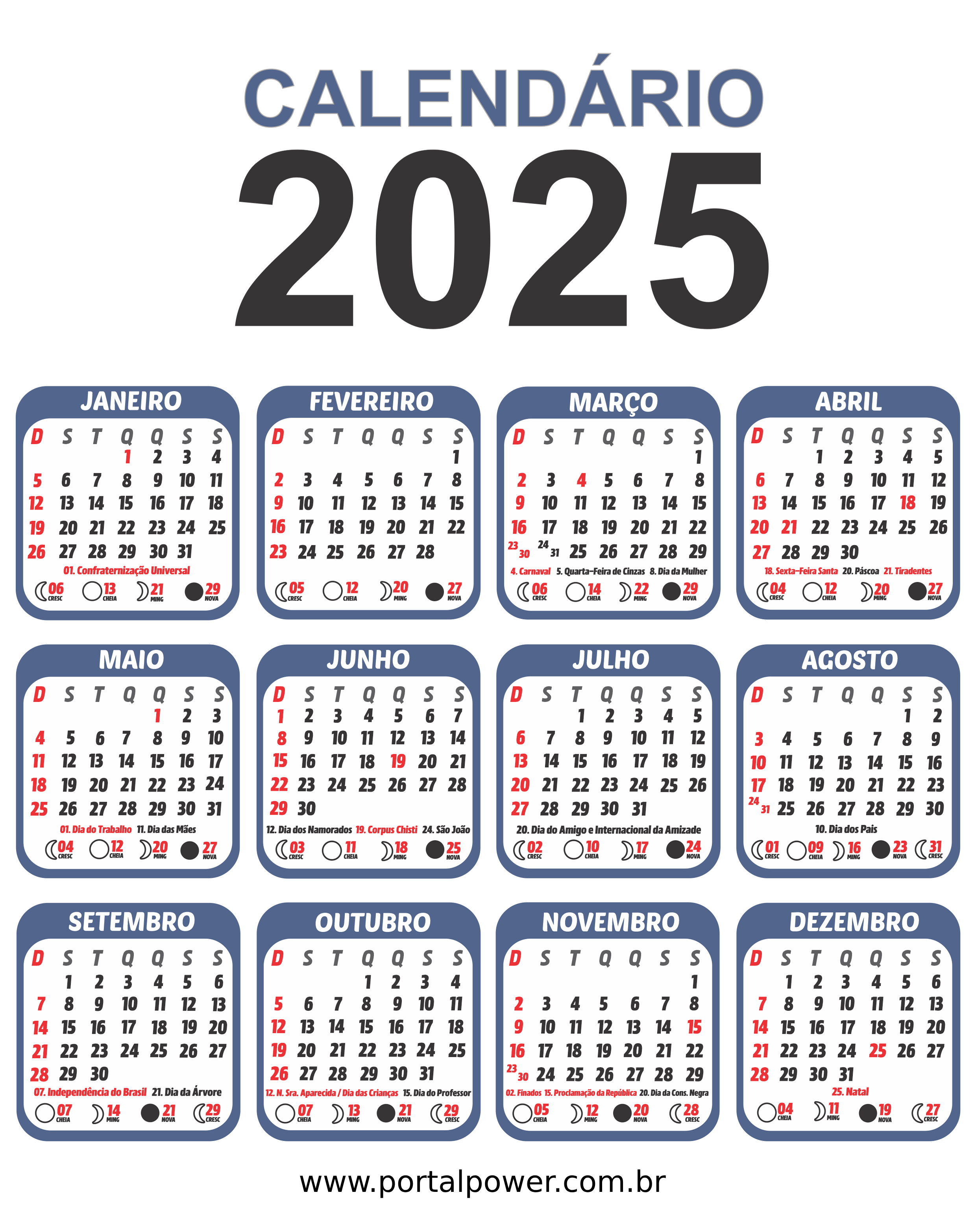Calendário 2025 para Imprimir: Todos os Feriados Nacionais e Estaduais 4 Calendário 2025 Imprimir