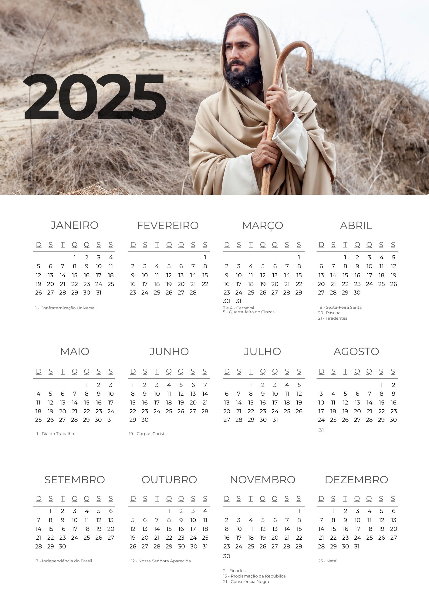Calendário 2025 para Imprimir: Todos os Feriados Nacionais e Estaduais 2 Calendário 2025 Jesus A4
