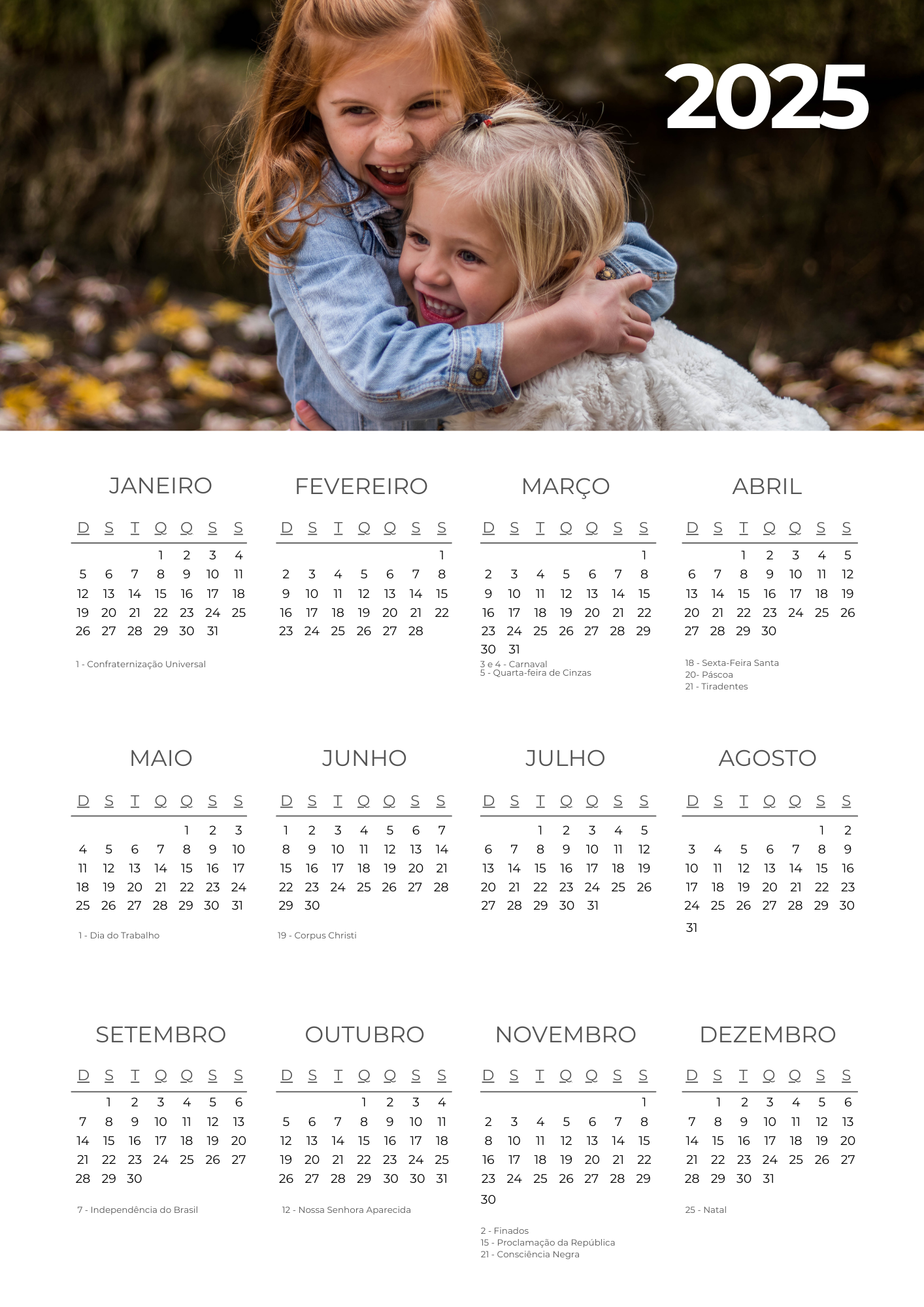 Calendário 2025 para Imprimir: Todos os Feriados Nacionais e Estaduais 3 Calendário 2025 Meninas A4