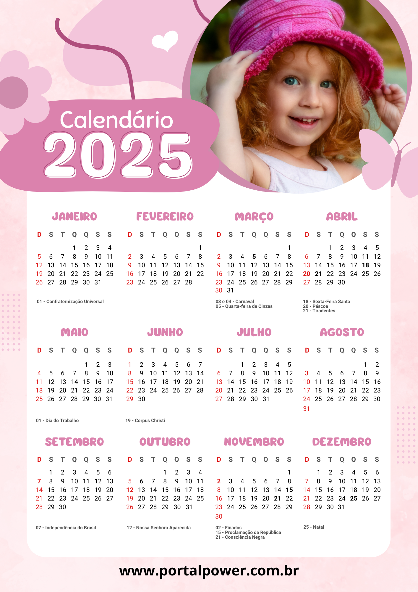 Calendário 2025 para Imprimir: Todos os Feriados Nacionais e Estaduais 10 Calendário 2025 infantil com foto documento a4