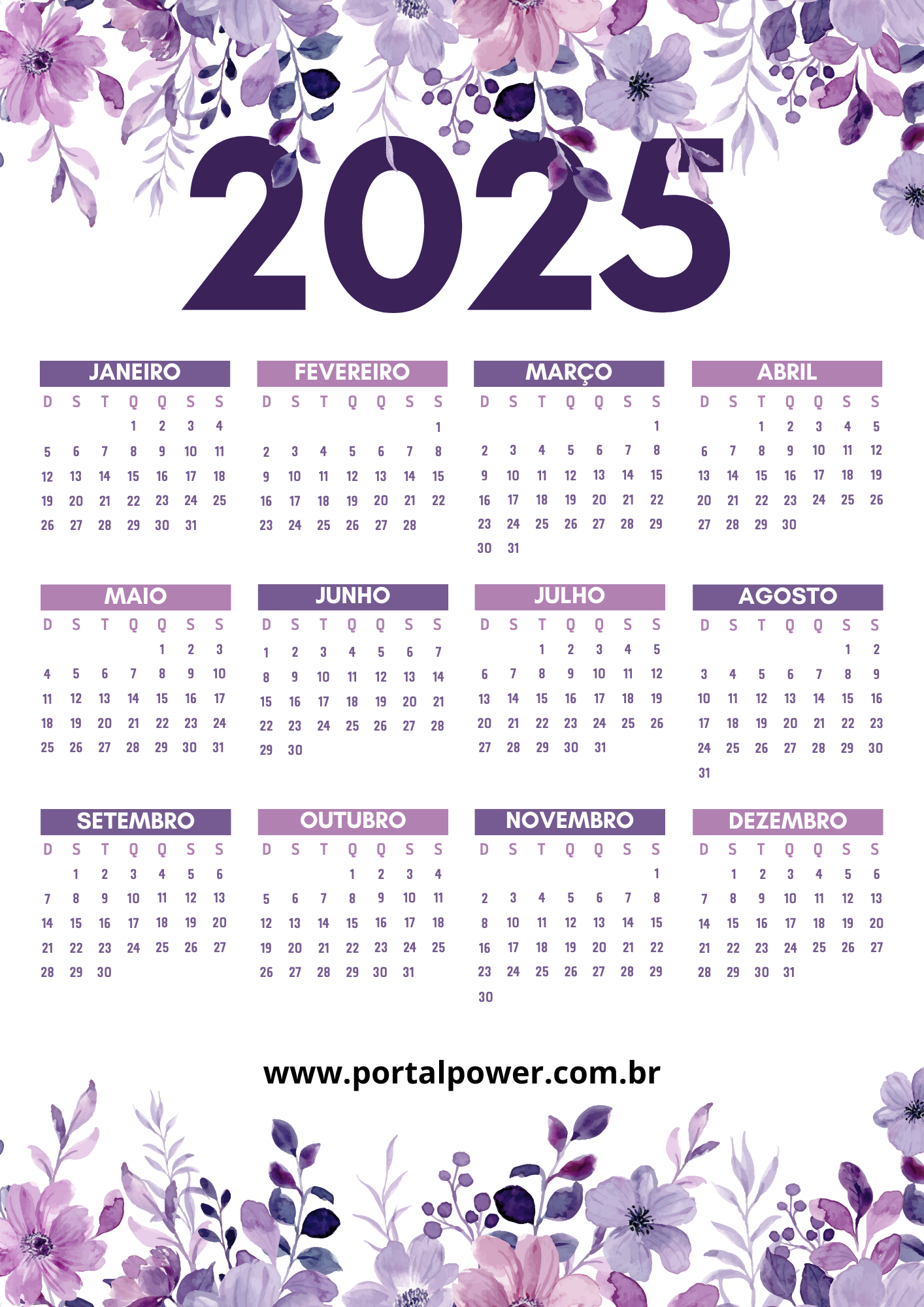 Calendário 2025 para Imprimir: Todos os Feriados Nacionais e Estaduais 8 Calendário A4 2025 floral delicado roxo e lilás