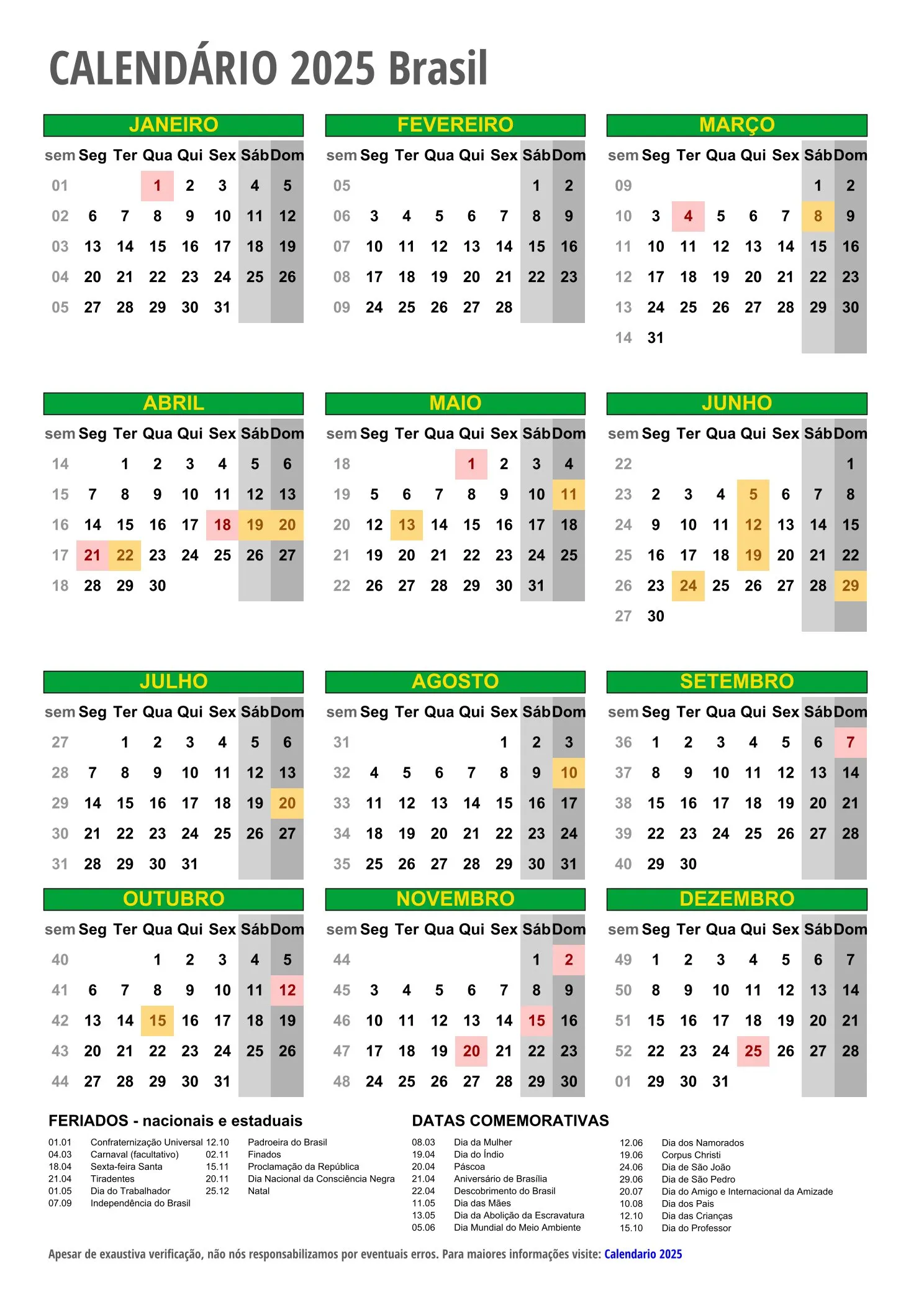 Calendário 2025 para Imprimir: Todos os Feriados Nacionais e Estaduais 6 Calendário 2025 Brasil retrato m
