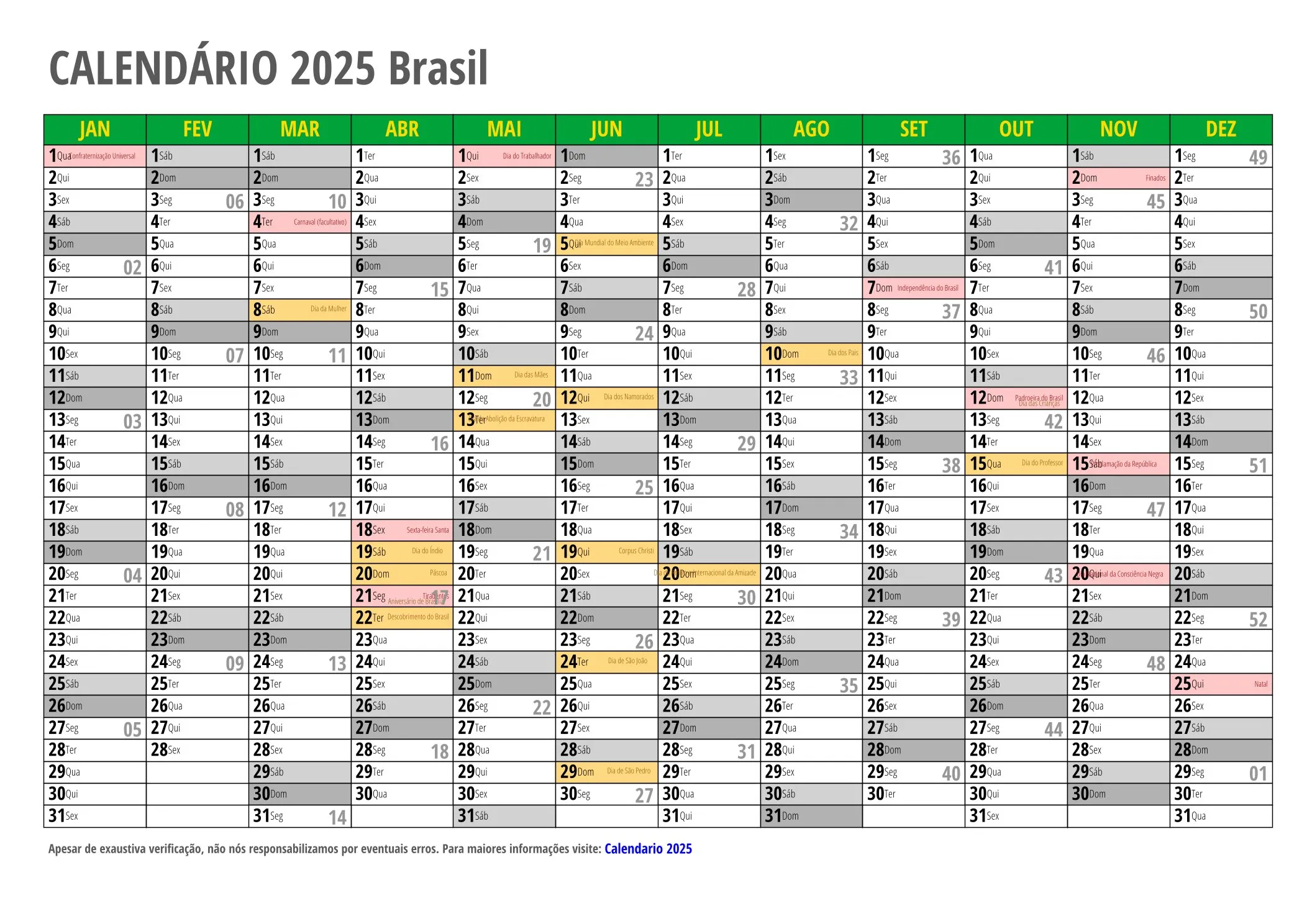 Calendário 2025 para Imprimir: Todos os Feriados Nacionais e Estaduais 5 Calendário 2025 Brasil